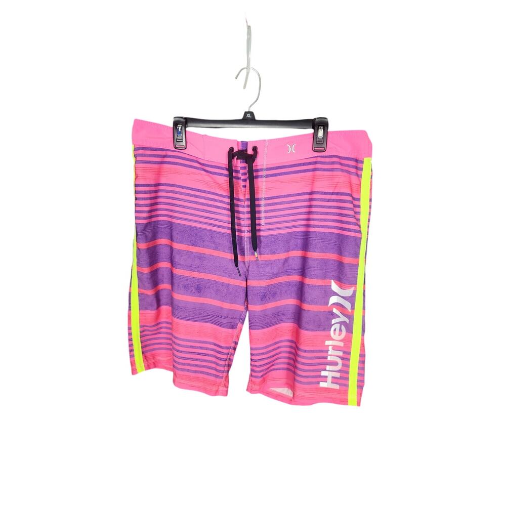 Hurley Pink and Purple Striped Men's Swim Board Shorts with Neon Yellow Trim